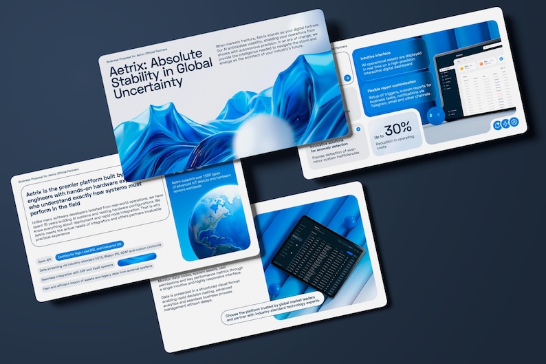 May include: A set of four white rectangular business proposal slides for Aetrix featuring blue abstract wave graphics, a globe illustration, and data dashboard screenshots. The text includes Aetrix: Absolute Stability in Global Uncertainty.