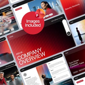 Op de afbeelding: Een digitaal presentatiesjabloon met meerdere dia-indelingen met een rood en donker verloopthema. De centrale dia toont de tekst 2025-26 COMPANY OVERVIEW. Diverse dia's bevatten afbeeldingen van mensen, abstracte lichtpatronen en zakelijke tekst.