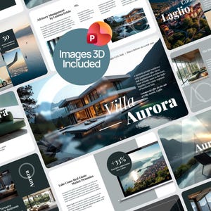 May include: A digital presentation template for real estate featuring multiple slides with architectural photography of a modern villa, lake views, interior living spaces, and text overlays including Villa Aurora, Como, and Images 3D Included.