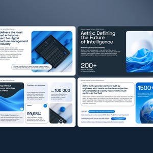May include: A four-panel digital presentation slide deck for Aetrix featuring white and dark blue backgrounds. The slides display text about enterprise infrastructure management, AI models, system uptime, and global hardware integration.