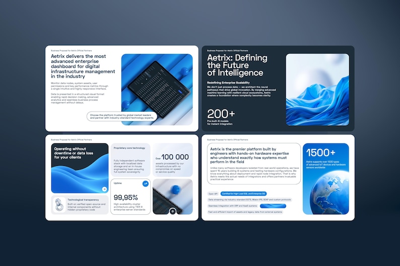 May include: A four-panel digital presentation slide deck for Aetrix featuring white and dark blue backgrounds. The slides display text about enterprise infrastructure management, AI models, system uptime, and global hardware integration.