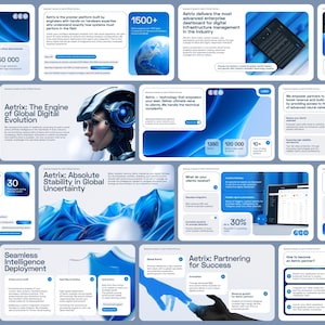 May include: A digital presentation grid featuring Aetrix branding with blue abstract wave graphics, data charts, and text blocks. The layout includes sections on global digital evolution, infrastructure management, and partnership opportunities in a professional style.