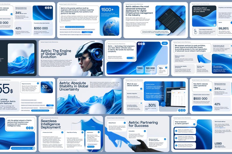 May include: A digital presentation grid featuring Aetrix branding with blue abstract wave graphics, data charts, and text blocks. The layout includes sections on global digital evolution, infrastructure management, and partnership opportunities in a professional style.