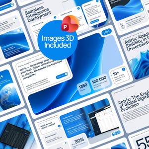 May include: A digital presentation template featuring a blue and white colour scheme with various business slides. Text includes Aetrix: Absolute Stability in Global Uncertainty, Seamless Intelligence Deployment, and Images 3D Included with a red logo icon.