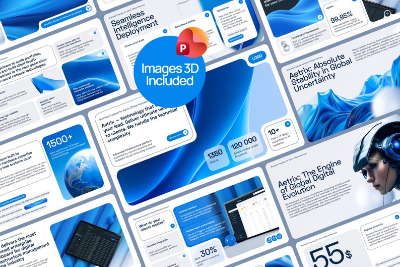 May include: A digital presentation template featuring a blue and white color scheme with various business slides. Text includes Aetrix: Absolute Stability in Global Uncertainty, Seamless Intelligence Deployment, and Images 3D Included with a red logo icon.