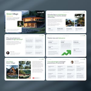 May include: A six-page digital presentation titled Green Village, featuring architectural renderings of modern mountain homes, data charts on market growth, investment statistics, and text detailing the vision and legal advantages of eco-estate ownership.