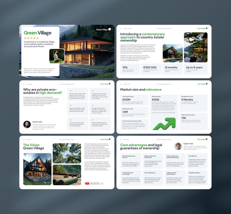 May include: A six-page digital presentation titled Green Village, featuring architectural renderings of modern mountain homes, data charts on market growth, investment statistics, and text detailing the vision and legal advantages of eco-estate ownership.