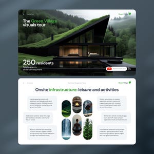 May include: A digital presentation featuring a modern black house with a green grass roof, large windows, and a reflecting pool. The text reads The Green Village visuals tour and 250 residents. Below, a slide details onsite infrastructure, leisure, and activities.
