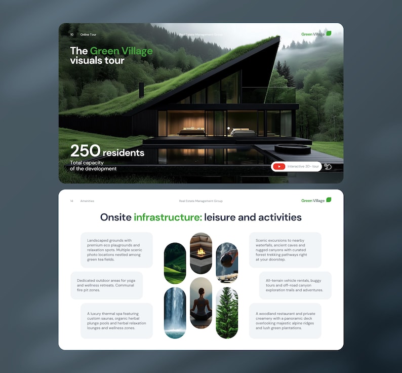 May include: A digital presentation featuring a modern black house with a green grass roof, large windows, and a reflecting pool. The text reads The Green Village visuals tour and 250 residents. Below, a slide details onsite infrastructure, leisure, and activities.
