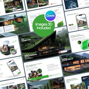 May include: A digital presentation template featuring multiple slides for a real estate project called The Green Village. The layout includes architectural renderings of modern homes, data charts, mobile app interfaces, and text overlays.