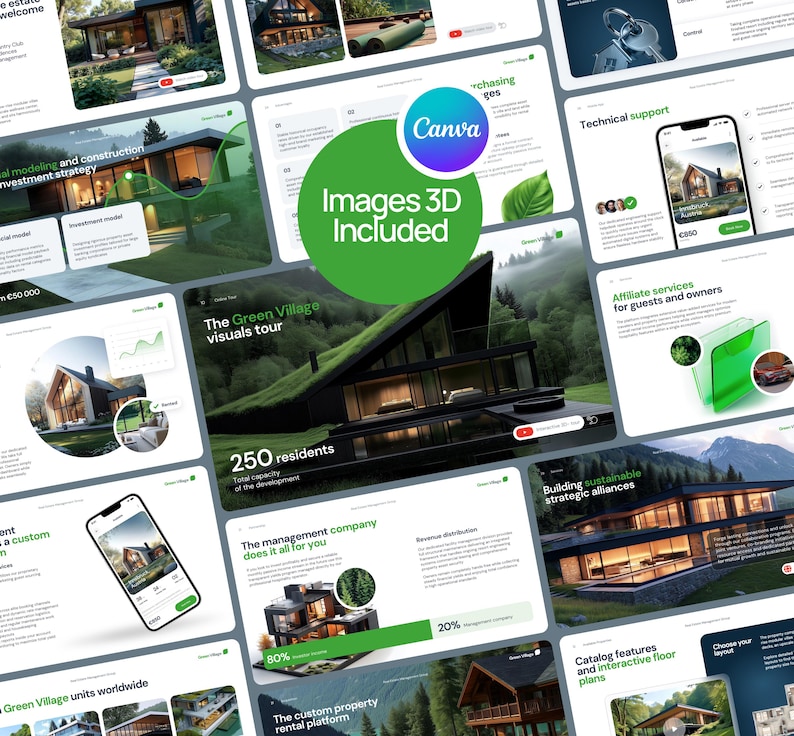May include: A digital presentation template featuring multiple slides for a real estate project called The Green Village. The layout includes architectural renderings of modern homes, data charts, mobile app interfaces, and text overlays.