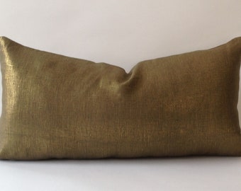 Metallic Bronze Decorative Lumbar Pillow Cover - Medium Weight Linen- Invisible Zipper Closure