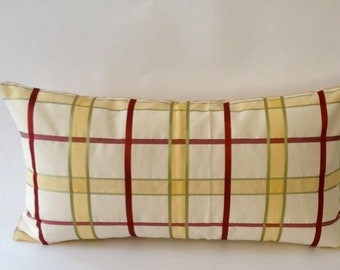 Vintage Bolster Pillow Cover - Silk Shantung Plaid- Solid Cotton Canvas Backing- Invisible Zipper Closure