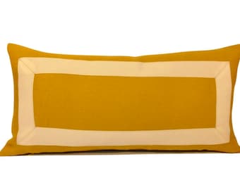 Marigold Yellow Linen with Off White Grosgrain Ribbon - Decorative Pillow Cover- Invisible Zipper Closure- Cushion Cover