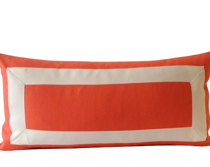 Decorative Pillow Cover Orange Papaya Cotton Canvas with Off White Grosgrain Ribbon Border -10x20 TO 26x26 - Cushion Covers