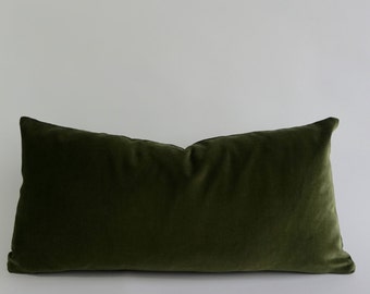 Olive Green -Decorative Bolster Pillow Cover - 10x20 to 12x24  Medium Weight Cotton Velvet- Invisible Zipper Closure- Knife Or Piping Edge