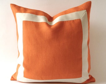 Orange Tangerine Linen Pillow Cover with Off White Grosgrain Ribbon- Decorative Throw Pillow Cover - Cushion Cover