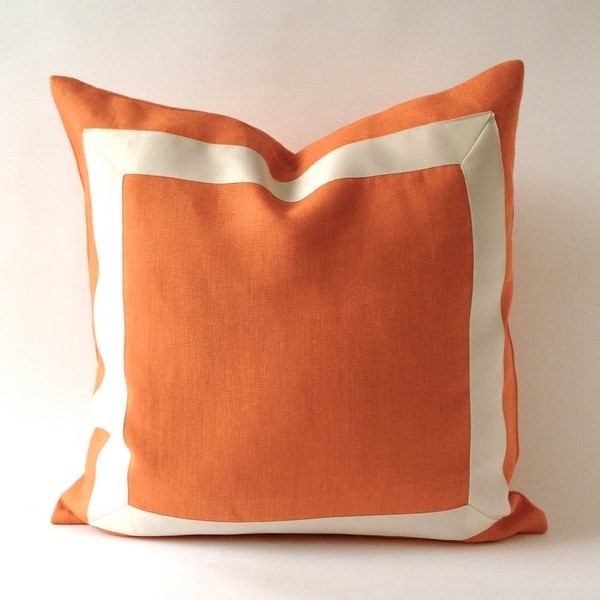 Orange Tangerine Linen Pillow Cover with Off White Grosgrain Ribbon- Decorative Throw Pillow Cover - Cushion Cover