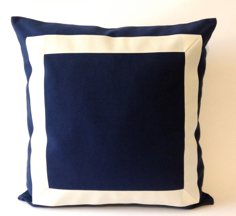 Navy Blue off White Cotton Canvas Pillow Cover With Grosgrain Etsy