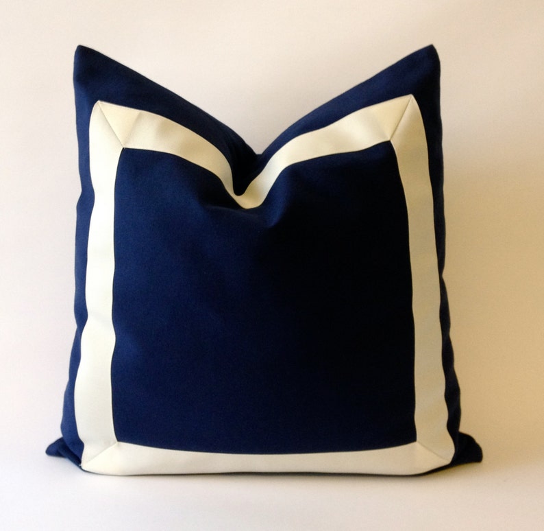 Navy Blue Cotton Canvas Pillow Cover with Off white Grosgrain Ribbon Decorative Throw Pillow Cover Cushion Cover 41x41 cm