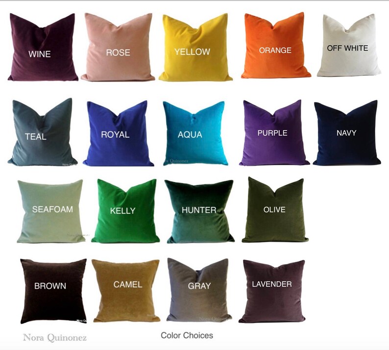 May include: A collection of square velvet throw pillows in various colors, including wine, rose, yellow, orange, off-white, teal, royal, aqua, purple, navy, seafoam, kelly, hunter, olive, brown, camel, gray, and lavender. The text "Color Choices" is at the bottom.