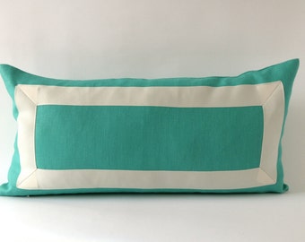 Decorative bolster Pillow Cover -Mint Green Linen Pillow Cover with Off White Grosgrain Ribbon- Cushion Cover