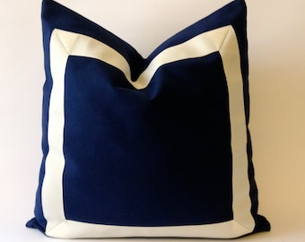 Navy Blue Off White Cotton Canvas Pillow Cover with  Grosgrain Ribbon- Decorative Throw Pillow Cover - Cushion Cover