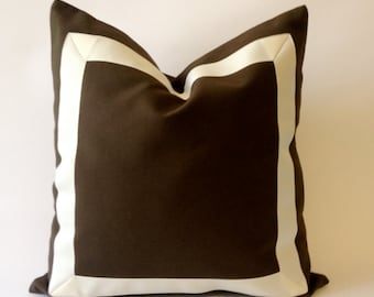 Decorative Throw Pillow Cover in Chocolate Brown Cotton Canvas with Off White Grosgrain Ribbon Border-Cushion Covers-Decorative throw pillow