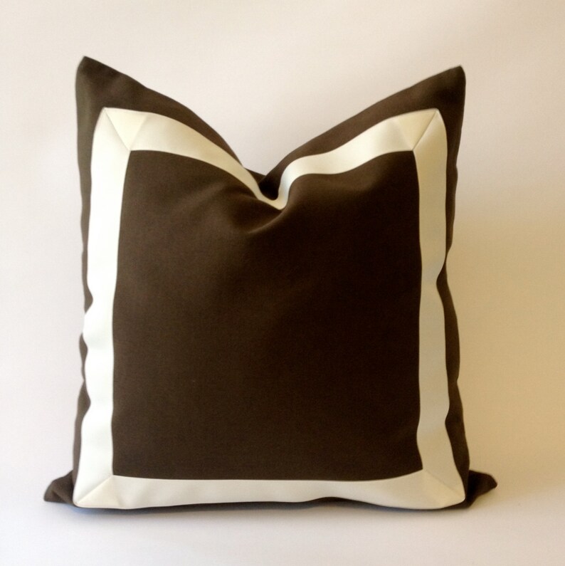 Decorative Throw Pillow Cover in Chocolate Brown Cotton Canvas with Off White Grosgrain Ribbon Border-Cushion Covers-Decorative throw pillow image 1