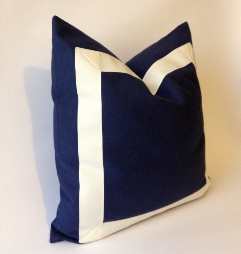 Navy Blue Cotton Canvas Pillow Cover with Off white Grosgrain Ribbon Decorative Throw Pillow Cover Cushion Cover 41x41 cm