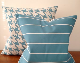 Decorative Pillow Teal and White Striped -Medium Weight Cotton with White Linen Backing- Invisible Zipper Closure.