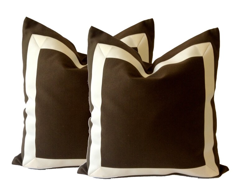 Decorative Throw Pillow Cover in Chocolate Brown Cotton Canvas with Off White Grosgrain Ribbon Border-Cushion Covers-Decorative throw pillow image 3