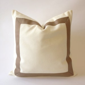 Cotton Canvas Decorative Throw Pillow Cover with Taupe Grosgrain Ribbon Border Cushion Covers image 1