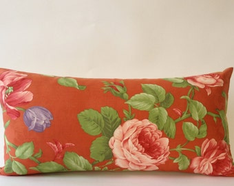 Vintage Decorative Bolster Pillow -Vintage Pindler and Pindler Print - Solid Cream Backing- Invisible Zipper Closure