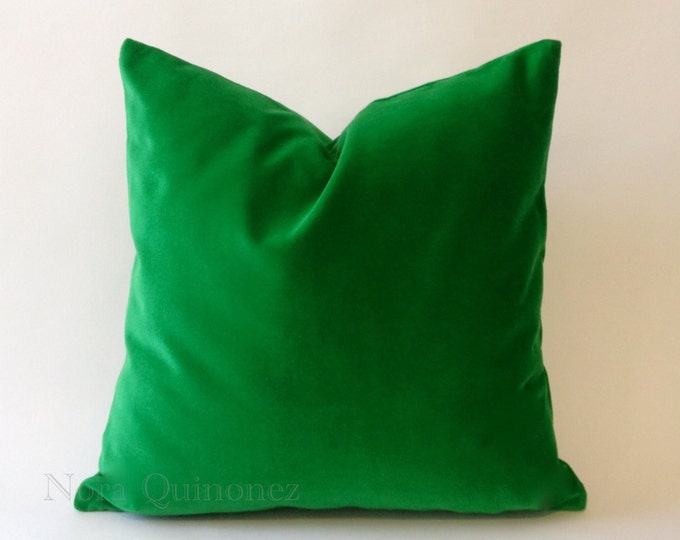 Kelly Green Cotton Velvet Pillow Cover - Decorative Accent Throw Pillows -Invisible Zipper Closure -Knife Or Piping Edge -16x16 to 26x26