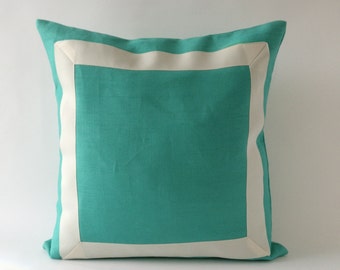 Decorative Throw Pillow Cover Mint Green Linen Pillow Cover with Off White Grosgrain Ribbon -20x20 to 26x26  Cushion Cover