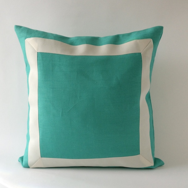 Housse d’oreiller décorative en lin vert menthe avec ruban Grosgrain blanc cassé -20x20 à 26x26 Housse de coussin