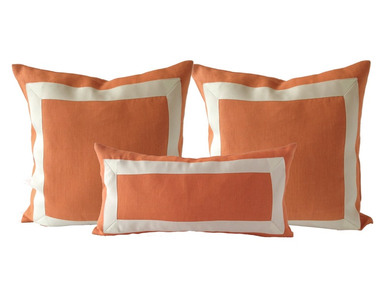 Orange Tangerine Linen Pillow Cover With off White Grosgrain Etsy
