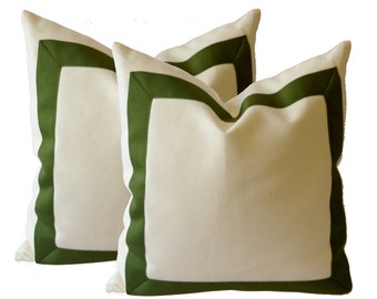 Decorative Throw Pillow Cover in White Cotton Canvas with Oilve Green Grosgrain Ribbon Border -16x16 To 12x24  Cushion Covers