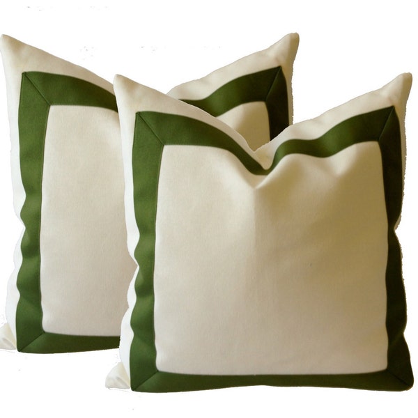 Decorative Throw Pillow Cover in White Cotton Canvas with Oilve Green Grosgrain Ribbon Border -16x16 To 12x24  Cushion Covers