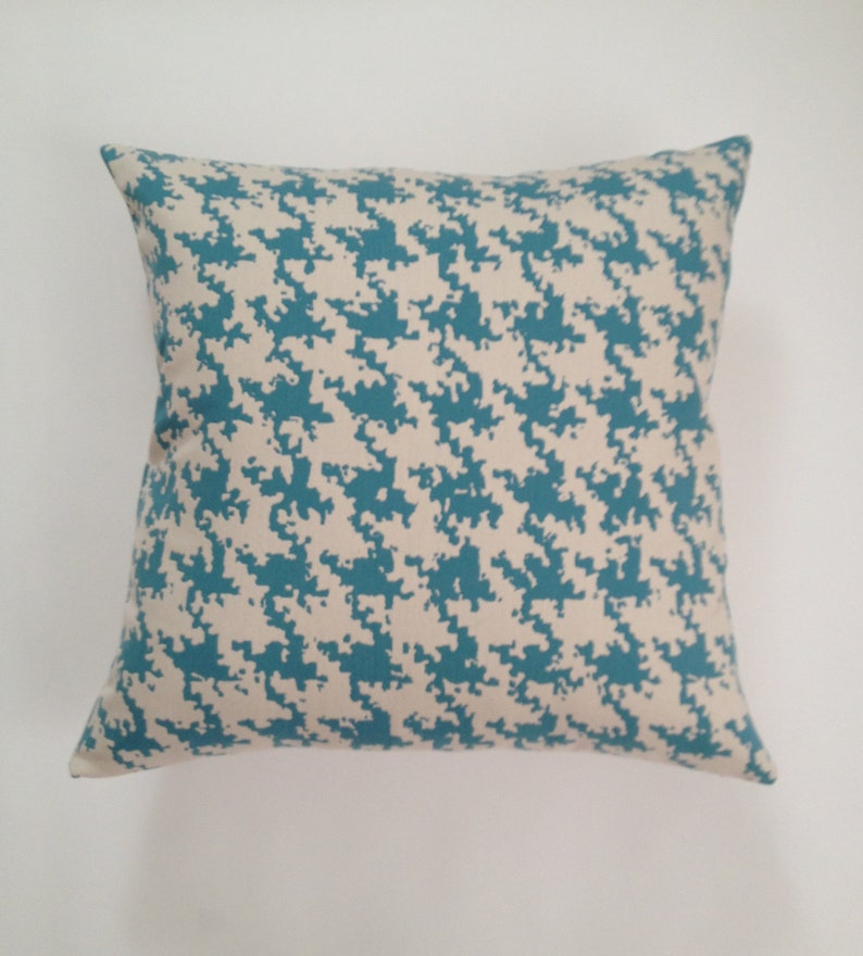 16x16 TO 20x20 Houndstooth Decorative Pillow Cover Teal Blue and White Herringbone Medium Cotton Invisible Zipper Closure. image 1