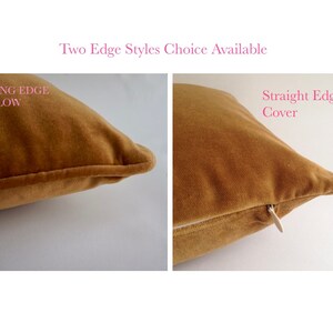 May include: Two tan throw pillows with different edge styles. One pillow has a piping edge, and the other has a straight edge. The text above the pillows reads "Two Edge Styles Choice Available".