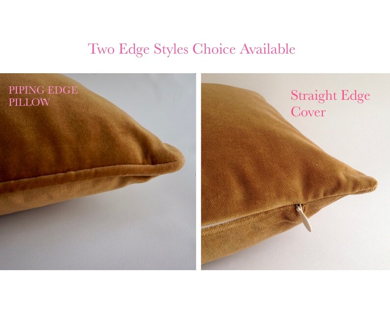 May include: Two tan throw pillows with different edge styles. One pillow has a piping edge, and the other has a straight edge. The text above the pillows reads "Two Edge Styles Choice Available".