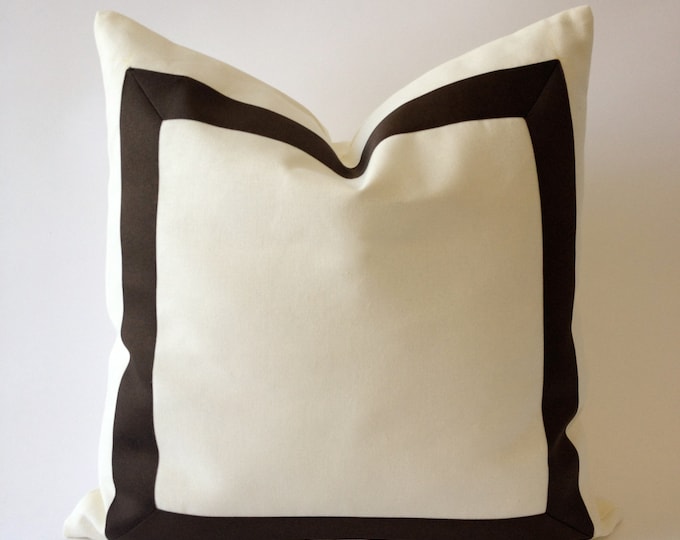 Decorative Throw Pillow Cover Cotton Canvas with Dark Brown Grosgrain Ribbon Border - Cushion Covers