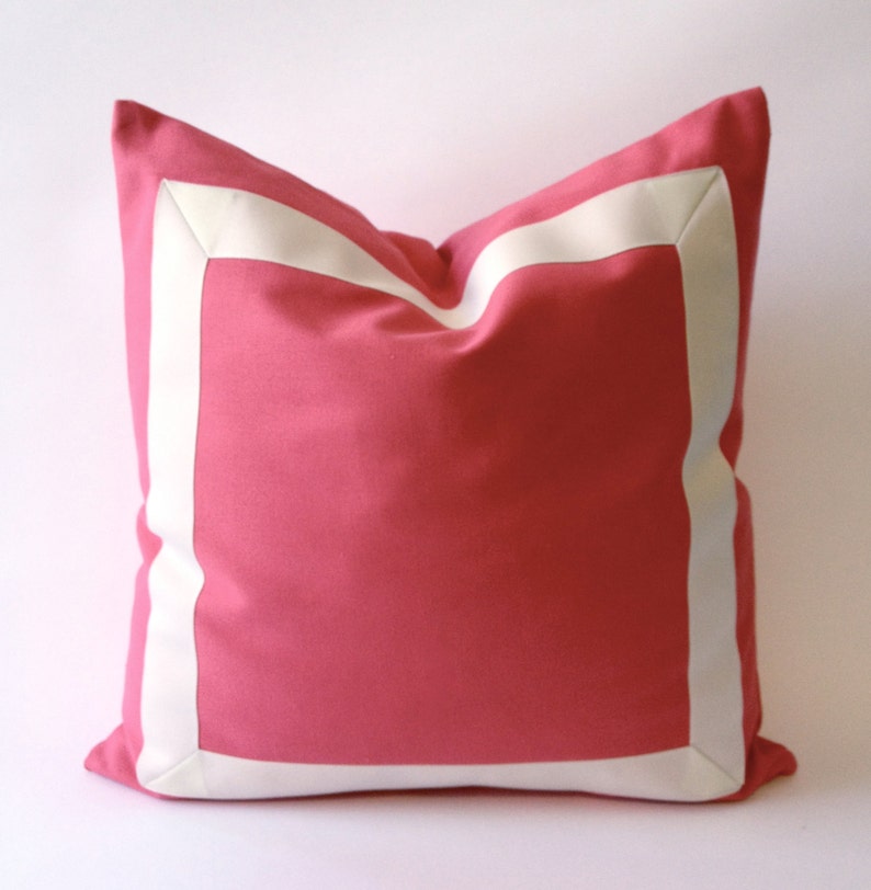 Coral Pink Cotton Canvas Decorative Throw Pillow Cover with Off White Grosgrain Ribbon Border Cushion Covers image 1