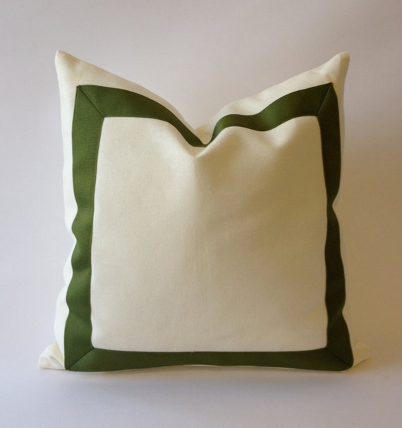 White Canvas Decorative Pillow Cover With Olive Green Etsy