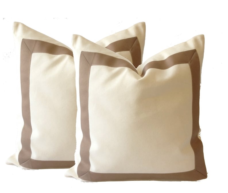 Cotton Canvas Decorative Throw Pillow Cover with Taupe Grosgrain Ribbon Border Cushion Covers image 5