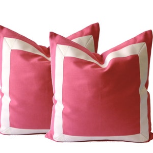 Coral Pink Cotton Canvas Decorative Throw Pillow Cover with Off White Grosgrain Ribbon Border Cushion Covers image 5