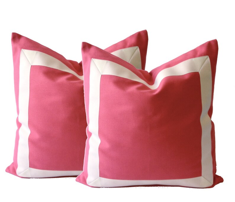 Coral Pink Cotton Canvas Decorative Throw Pillow Cover with Off White Grosgrain Ribbon Border Cushion Covers image 5