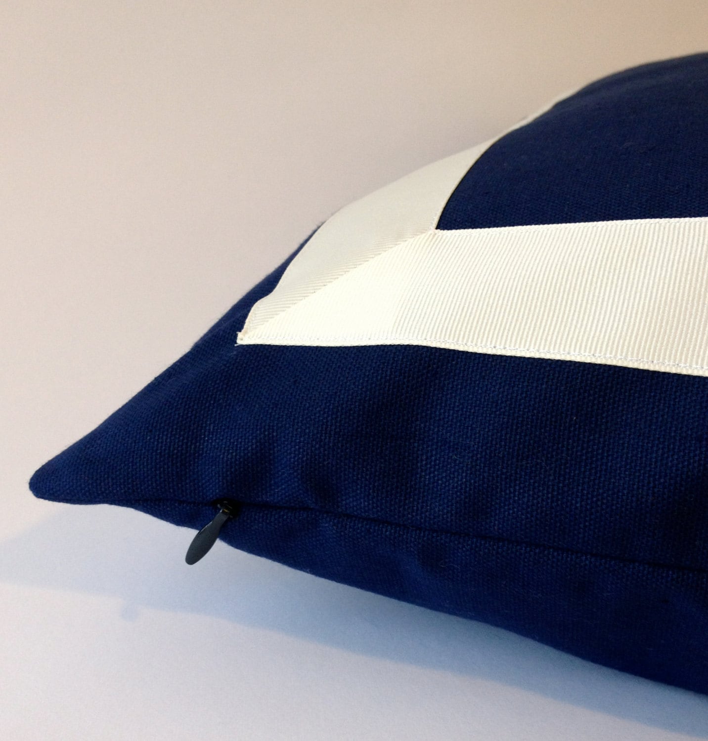 Navy Blue Cotton Canvas Pillow Cover with Off white Grosgrain Ribbon Decorative Throw Pillow Cover Cushion Cover 41x41 cm